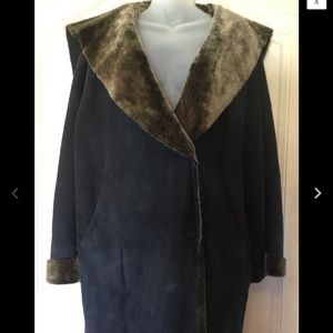 VTG Italian Rossa Black SUEDE Coat Brown FUR Lined